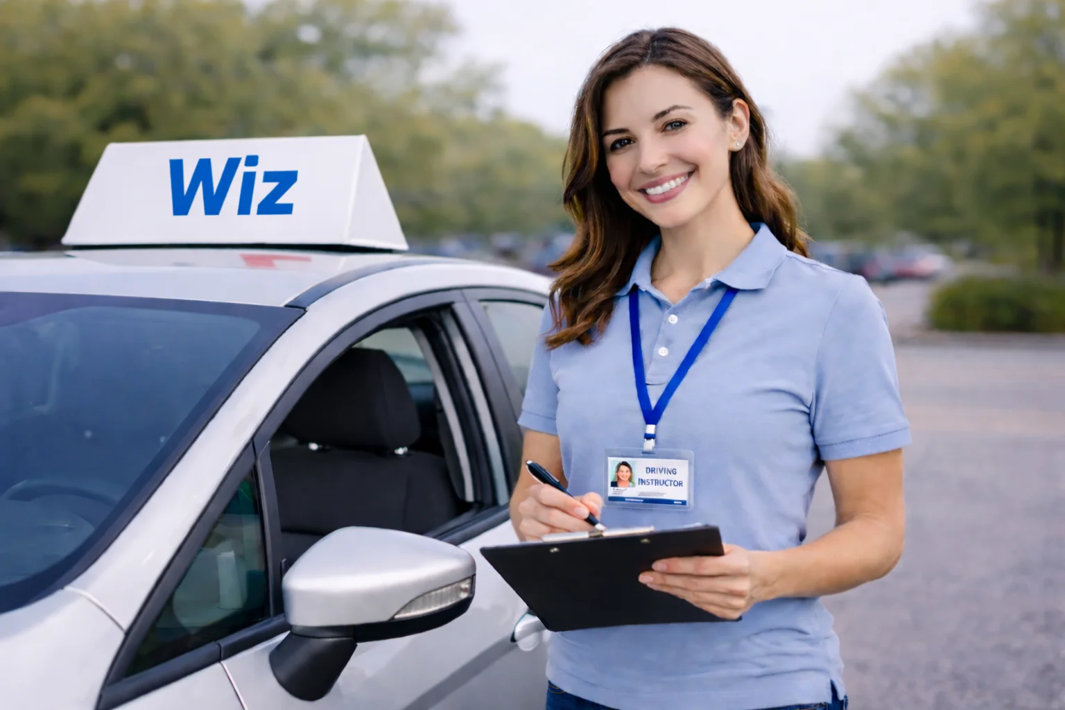 DVSA-approved female driving instructor Manchester standing beside Wiz Driving School car